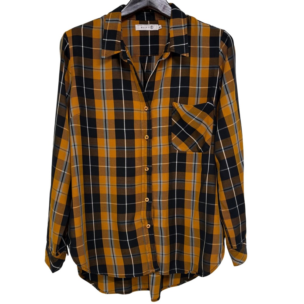 Billy T Mustard Yellow Black Plaid Lyocell Button Down Shirt XL Preppy Classic